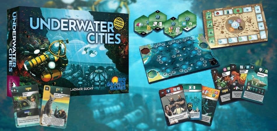 Коробка и компоненты настольной игры Underwater Cities
