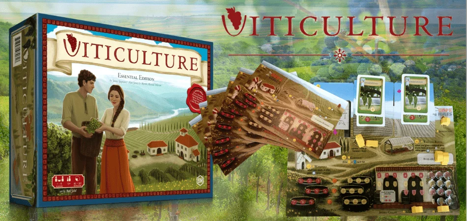 Коробка и компоненты настольной игры Viticulture Essential Edition