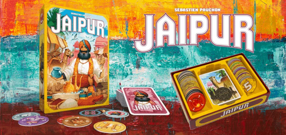 Открытая коробка настольной игры Jaipur и карты с логотипом