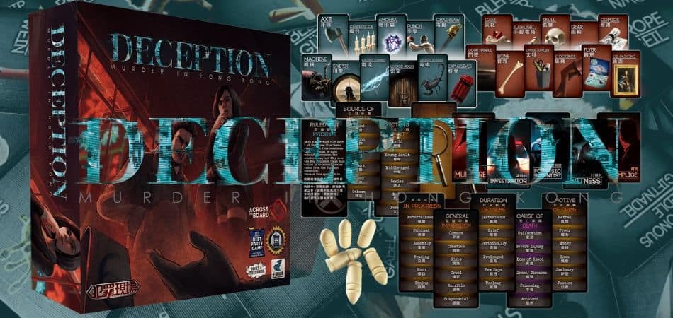 Коробка и компоненты настольной игры Deception Murder Hong Kong