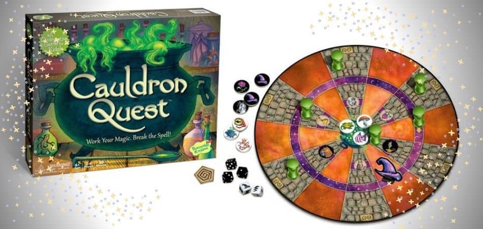 Коробка с настольной игрой Cauldron Quest и ее содержимое