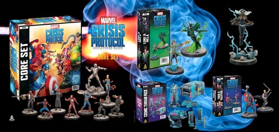 Коробка и компоненты настольной игры Marvel Crisis Protocol