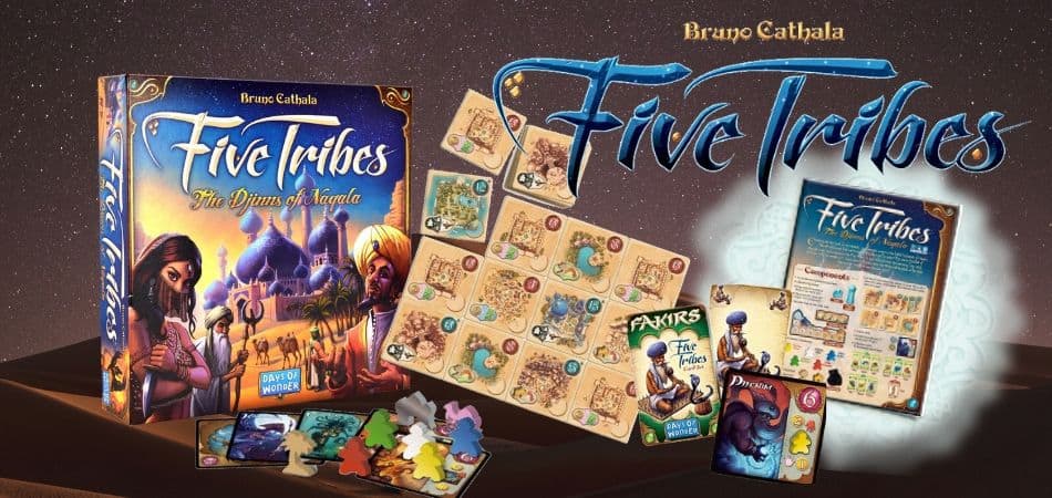 Коробка с настольной игрой Five Tribes, доска, миплы и свод правил